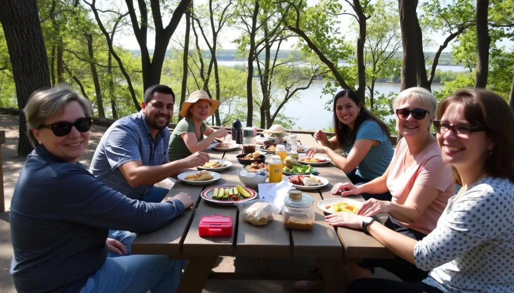 Family enjoying a picnic with food spread out on a table at Mississippi Palisades State Park with river views