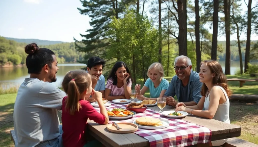Family enjoying a picnic with lake view at Lacawac Sanctuary Family enjoying a picnic with lake view at Lacawac Sanctuary