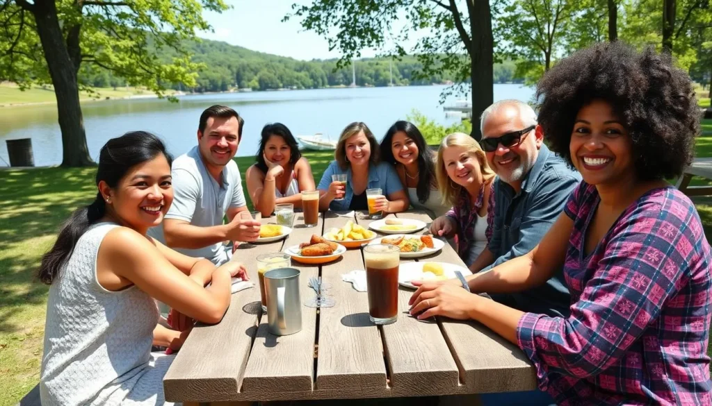 Family enjoying a picnic with lake view at Mauch Chunk Lake Park Family enjoying a picnic with lake view at Mauch Chunk Lake Park