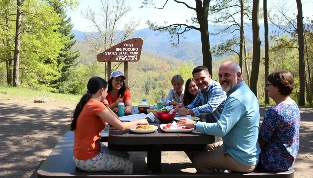 Family enjoying a picnic with mountain views at Big Pocono State Park Family enjoying a picnic with mountain views at Big Pocono State Park