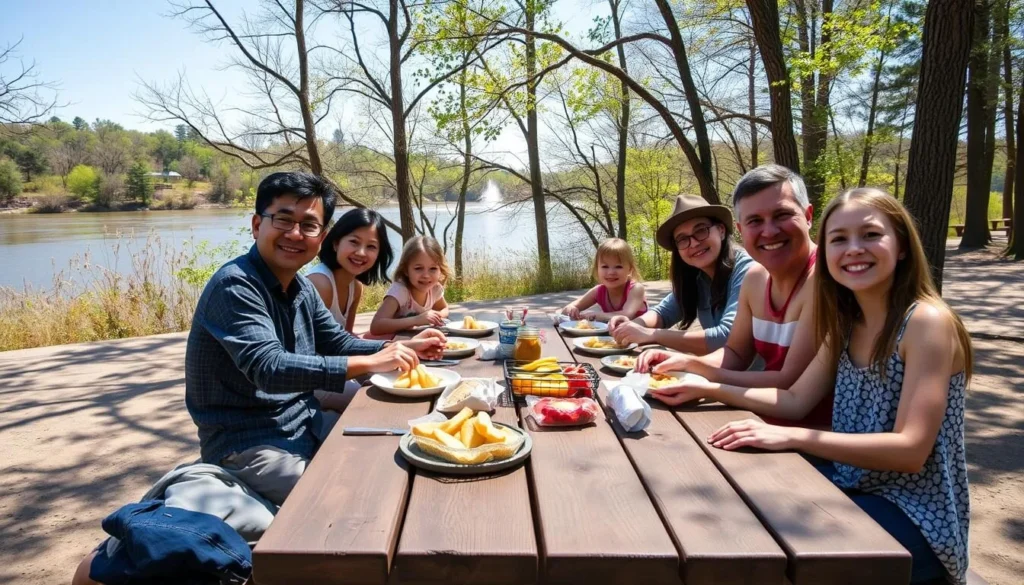 Family enjoying a picnic with scenic views at Pere Marquette State Park Illinois Family enjoying a picnic with scenic views at Pere Marquette State Park Illinois