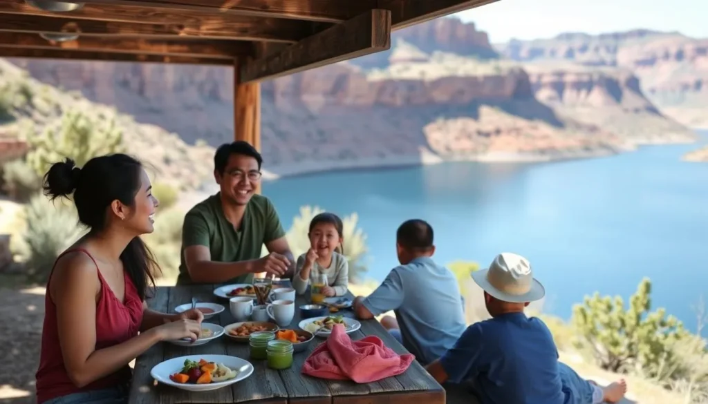 Family enjoying a picnic with view of Abiquiu Lake and surrounding cliffs Family enjoying a picnic with view of Abiquiu Lake and surrounding cliffs