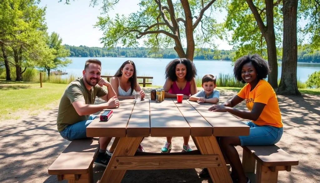 Family enjoying a safe picnic at Horseshoe Lake State Park Family enjoying a safe picnic at Horseshoe Lake State Park