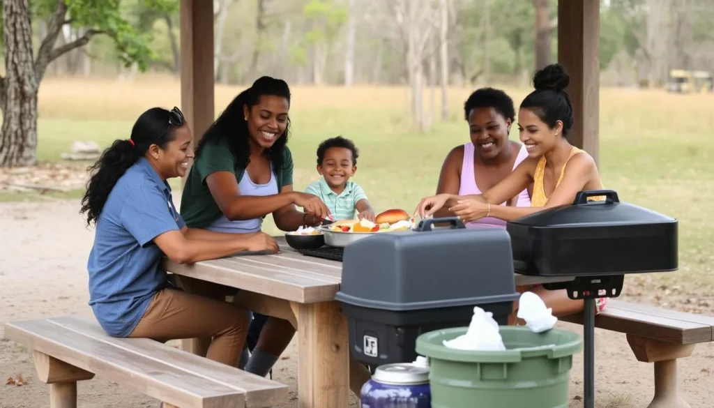 Family enjoying a safe picnic at Jubilee College State Park Illinois with proper outdoor etiquette Family enjoying a safe picnic at Jubilee College State Park Illinois with proper outdoor etiquette