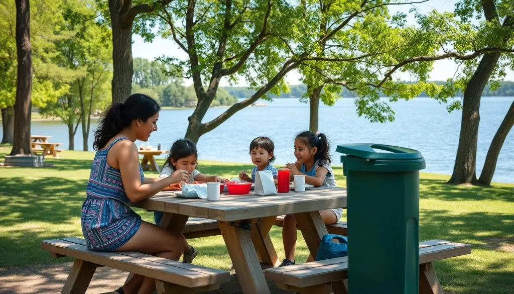 Family enjoying a safe picnic at Newton Lake State Park with proper outdoor etiquette Family enjoying a safe picnic at Newton Lake State Park with proper outdoor etiquette