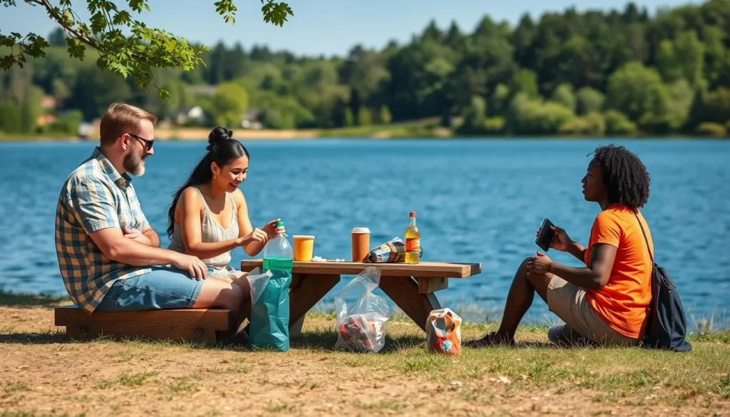 Family enjoying a safe picnic by Lake Ariel with proper outdoor etiquette Family enjoying a safe picnic by Lake Ariel with proper outdoor etiquette