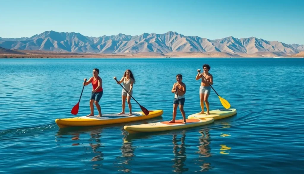 Family enjoying paddleboarding on Elephant Butte Lake with desert mountains in background Family enjoying paddleboarding on Elephant Butte Lake with desert mountains in background