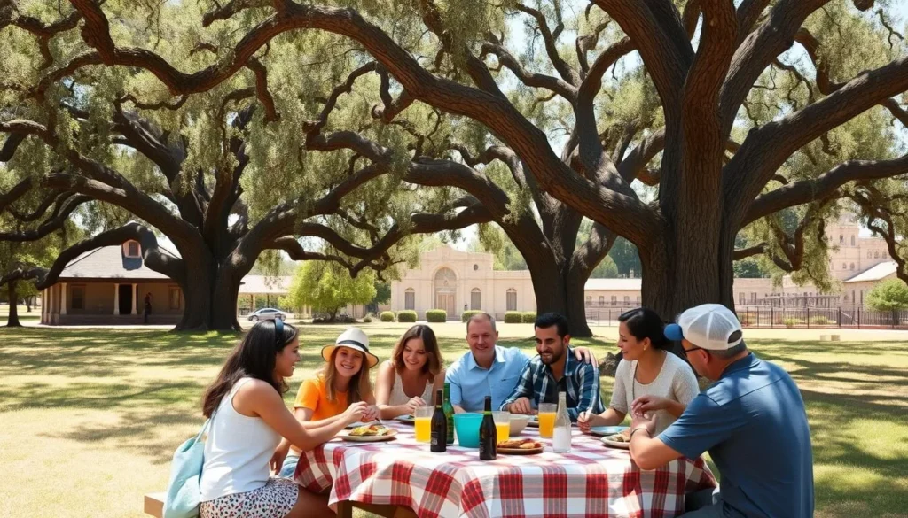 Family enjoying picnic under oak trees at Fort Tejon State Historic Park Family enjoying picnic under oak trees at Fort Tejon State Historic Park