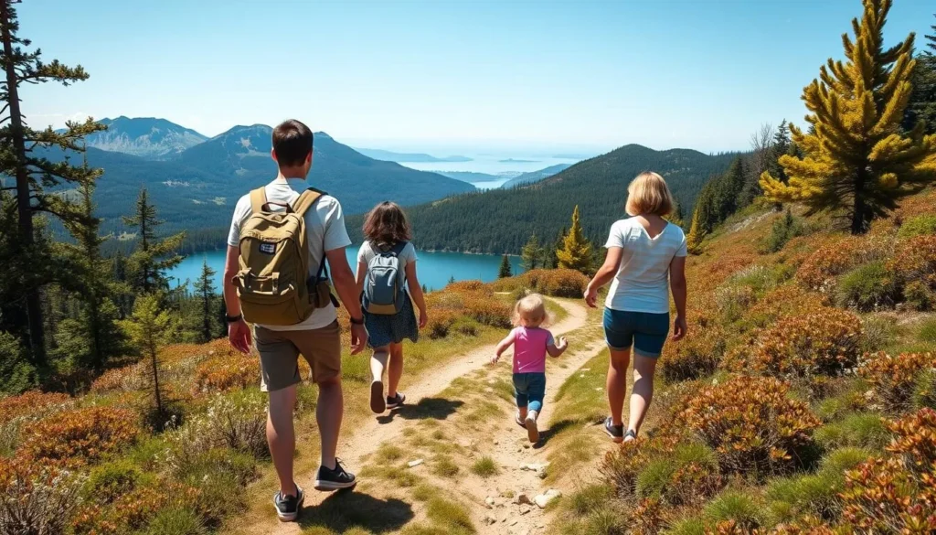 Family enjoying the easy walk to Lake Osborne in Hartz Mountains National Park