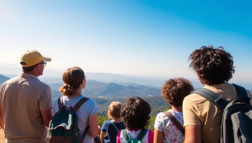 Family enjoying views from Boucher Hill in Palomar Mountain State Park with mountains and forests in the background