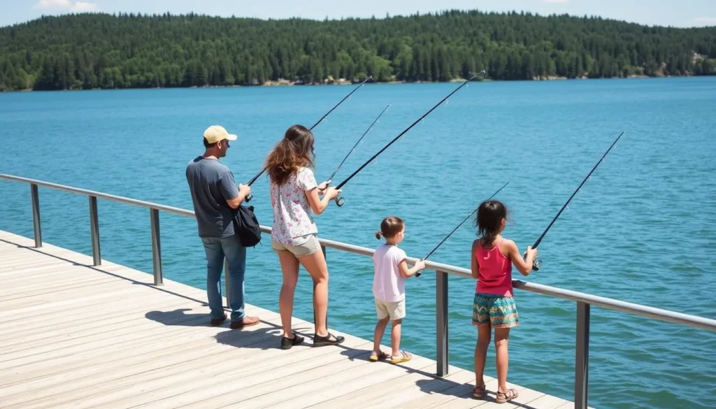 Family fishing from the pier at Locust Lake State Park Family fishing from the pier at Locust Lake State Park