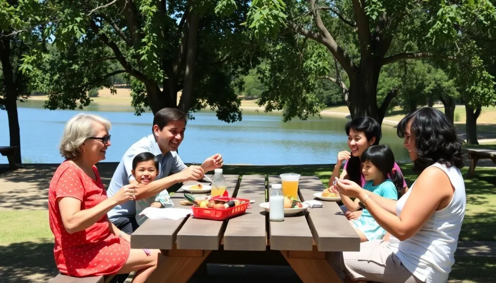 Family having a picnic at Lake Sherwood's picnic area with the lake visible in the background Family having a picnic at Lake Sherwood's picnic area with the lake visible in the background