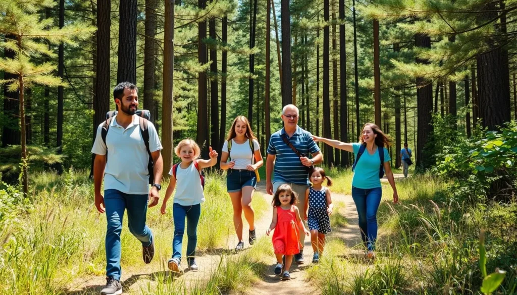 Family hiking on a forest trail near Lake Sherwood with children pointing at wildlife Family hiking on a forest trail near Lake Sherwood with children pointing at wildlife