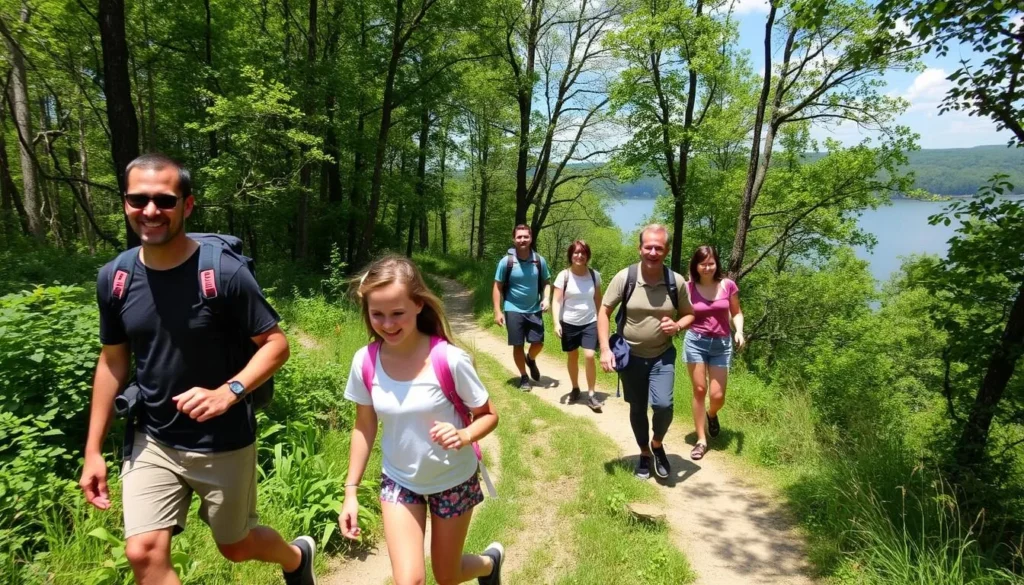 Family hiking on trails at Milton State Park Pennsylvania with river views Family hiking on trails at Milton State Park Pennsylvania with river views