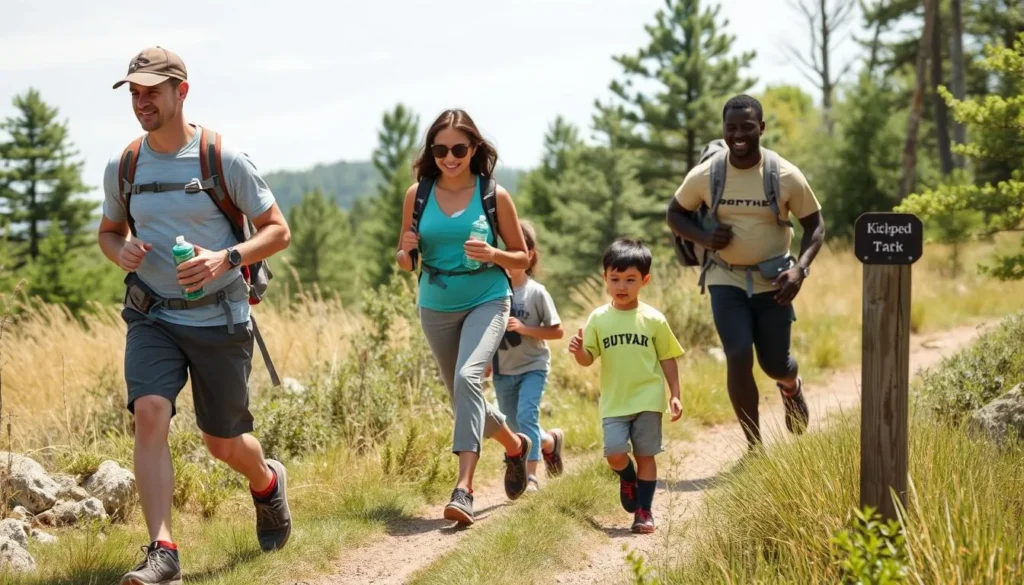Family hiking safely on a marked trail at Kickapoo State Park with proper gear