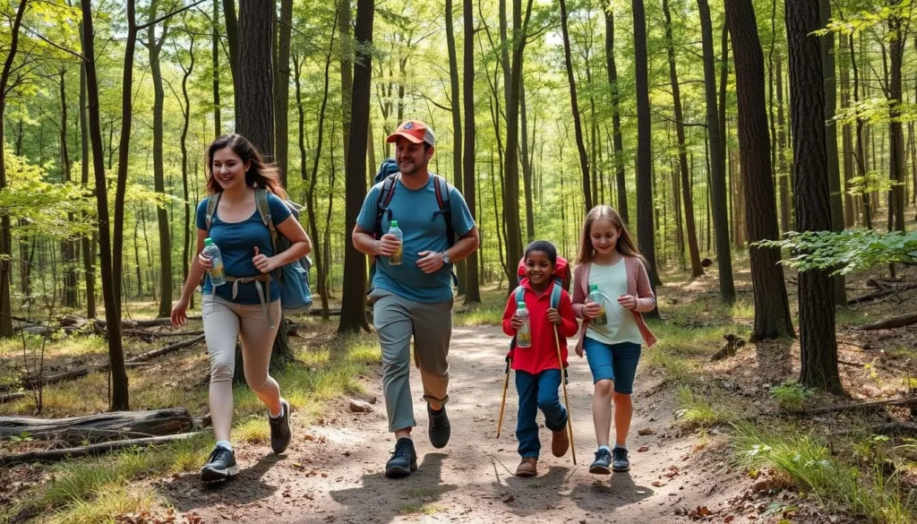 Family hiking safely on a marked trail at Pere Marquette State Park Illinois with proper gear Family hiking safely on a marked trail at Pere Marquette State Park Illinois with proper gear