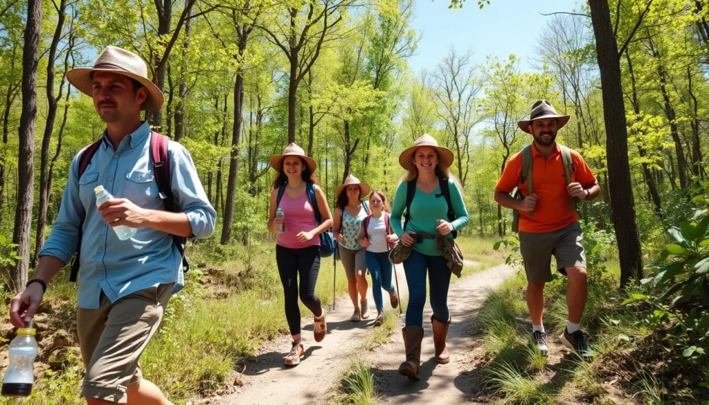 Family hiking safely on a trail at Middle Fork State Park with proper gear and staying on the marked path Family hiking safely on a trail at Middle Fork State Park with proper gear and staying on the marked path