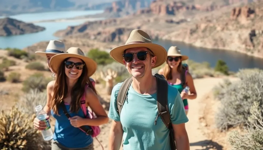 Family hiking safely on a trail near Canyon Lake with proper sun protection and water bottles