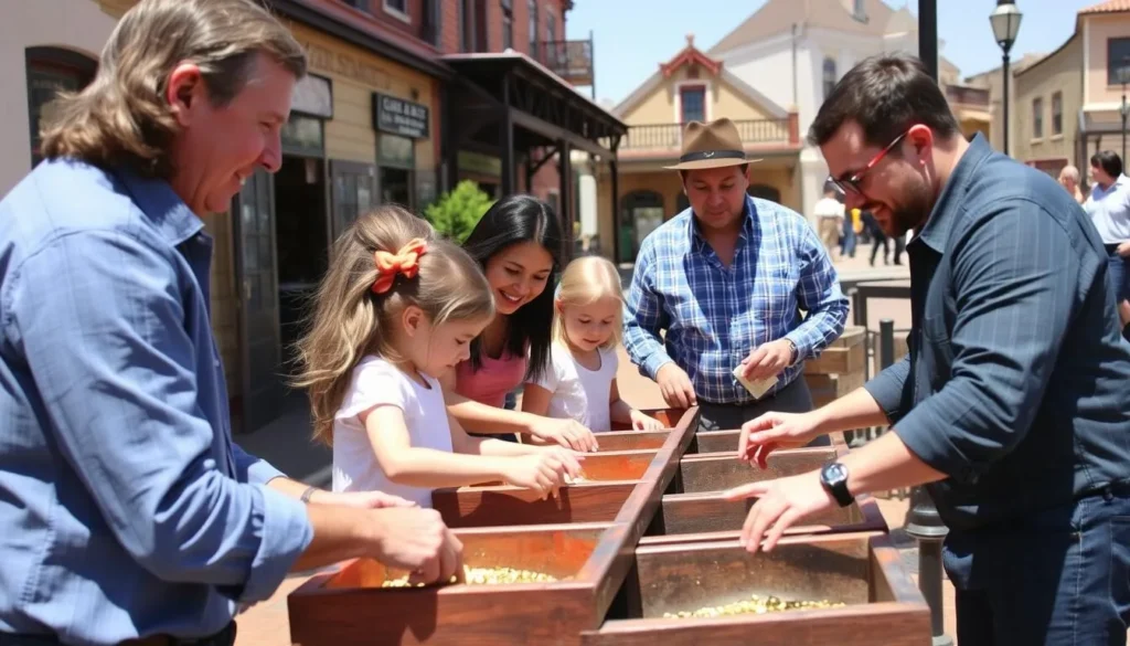 Family panning for gold at an interactive exhibit in Old Sacramento with children and parents enjoying the educational activity Family panning for gold at an interactive exhibit in Old Sacramento with children and parents enjoying the educational activity