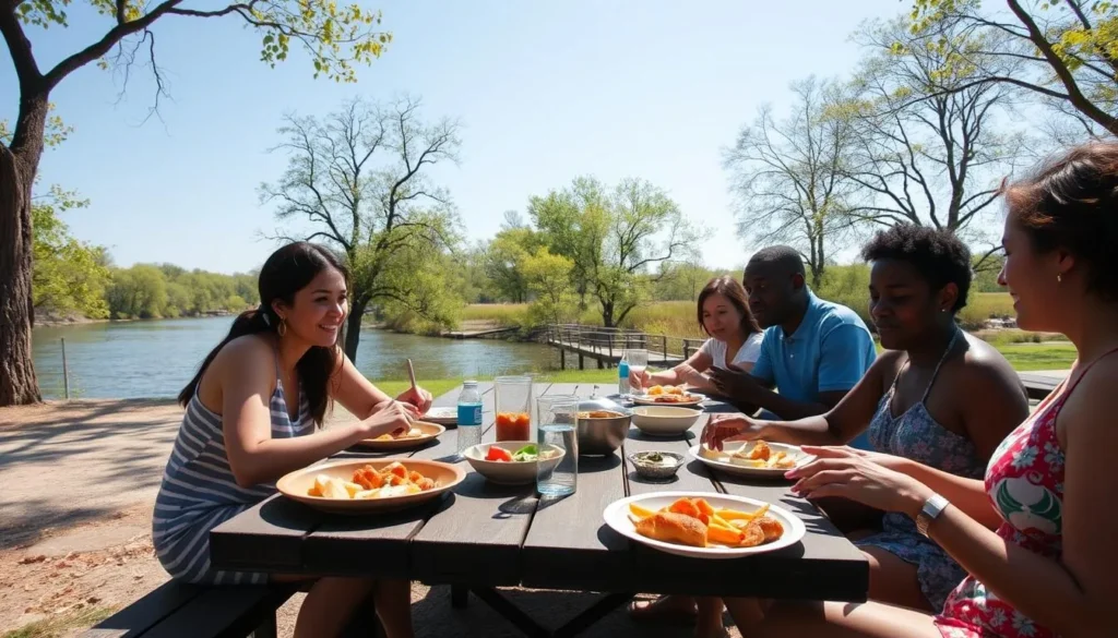 Family picnic at Illini State Park with diverse visitors enjoying food at a riverside table Family picnic at Illini State Park with diverse visitors enjoying food at a riverside table