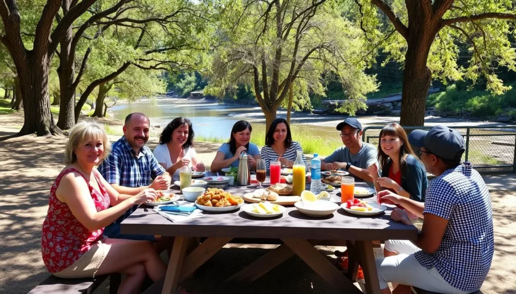 Family picnic at McConnell State Recreation Area California with food spread on a table under trees Family picnic at McConnell State Recreation Area California with food spread on a table under trees