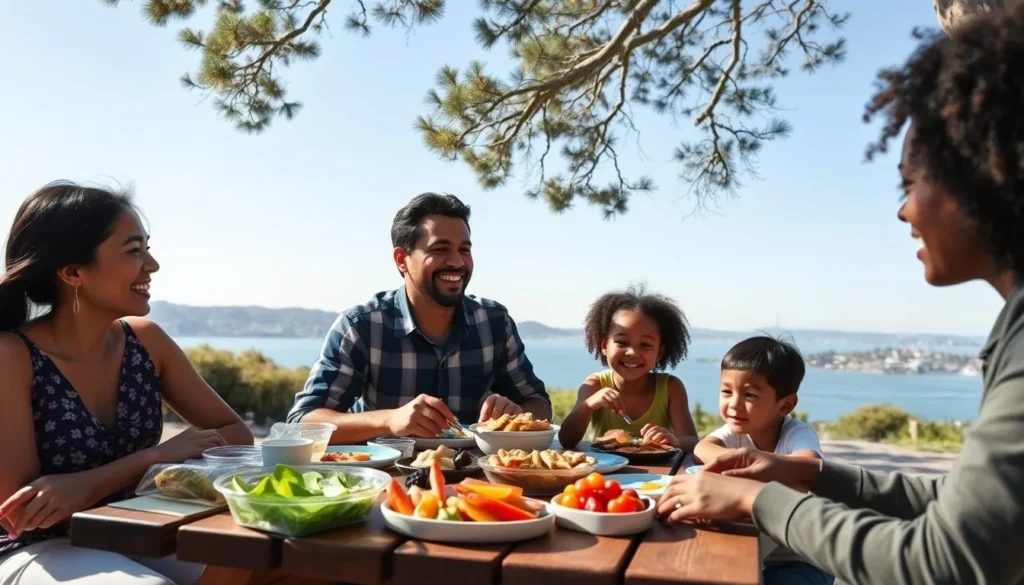 Family picnicking at Candlestick Point State Recreation Area California with San Francisco Bay views