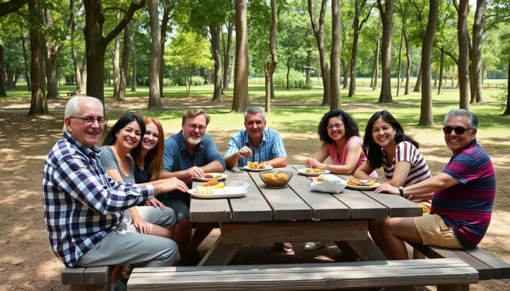 Family picnicking at Harry 'Babe' Woodyard State Park Illinois with diverse group enjoying outdoor meal Family picnicking at Harry 'Babe' Woodyard State Park Illinois with diverse group enjoying outdoor meal