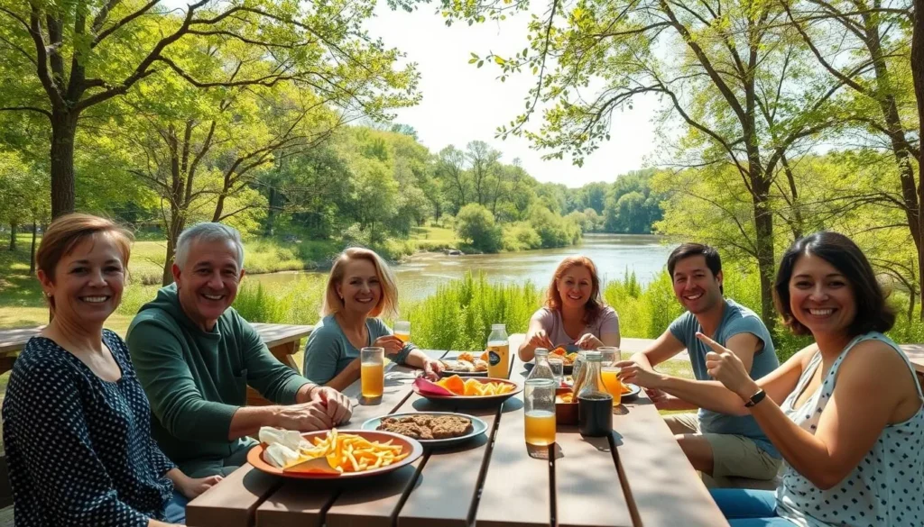 Family picnicking at Kankakee River State Park Illinois with river view Family picnicking at Kankakee River State Park Illinois with river view