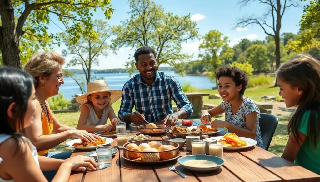 Family picnicking at Keystone State Park Pennsylvania with lake view