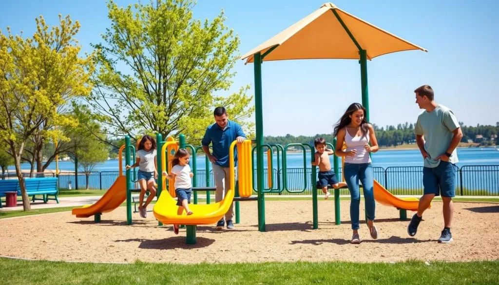 Family playing at a playground near Carlyle Lake with recreational equipment Family playing at a playground near Carlyle Lake with recreational equipment