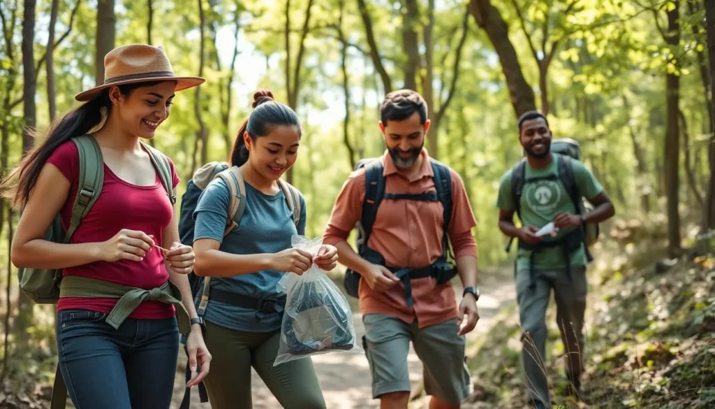 Family practicing Leave No Trace principles while hiking on a trail at Promised Land State Park Family practicing Leave No Trace principles while hiking on a trail at Promised Land State Park