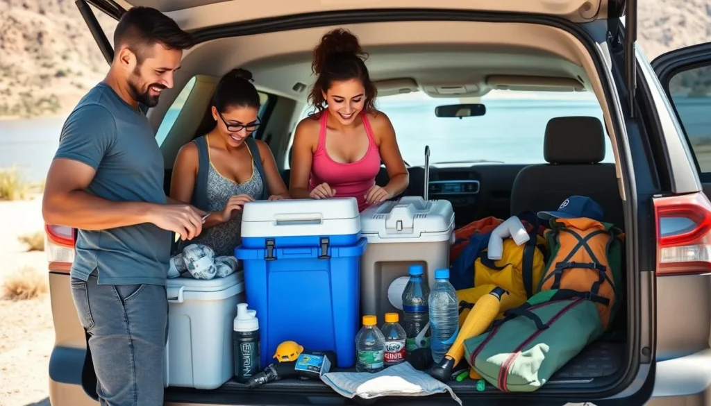 Family preparing for a day at Elephant Butte Lake with proper gear and supplies Family preparing for a day at Elephant Butte Lake with proper gear and supplies