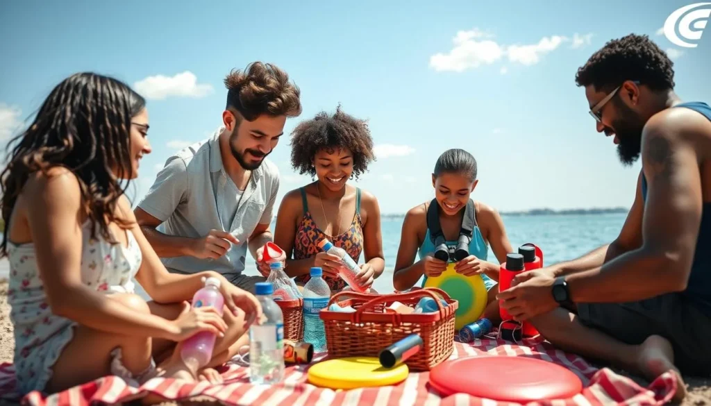 Family preparing for a day at Lake Decatur with picnic supplies and recreational equipment Family preparing for a day at Lake Decatur with picnic supplies and recreational equipment