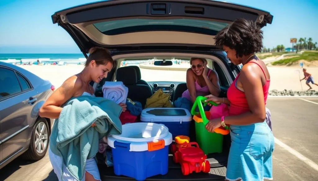 Family preparing for a day at Robert W. Crown Memorial State Beach with beach essentials Family preparing for a day at Robert W. Crown Memorial State Beach with beach essentials