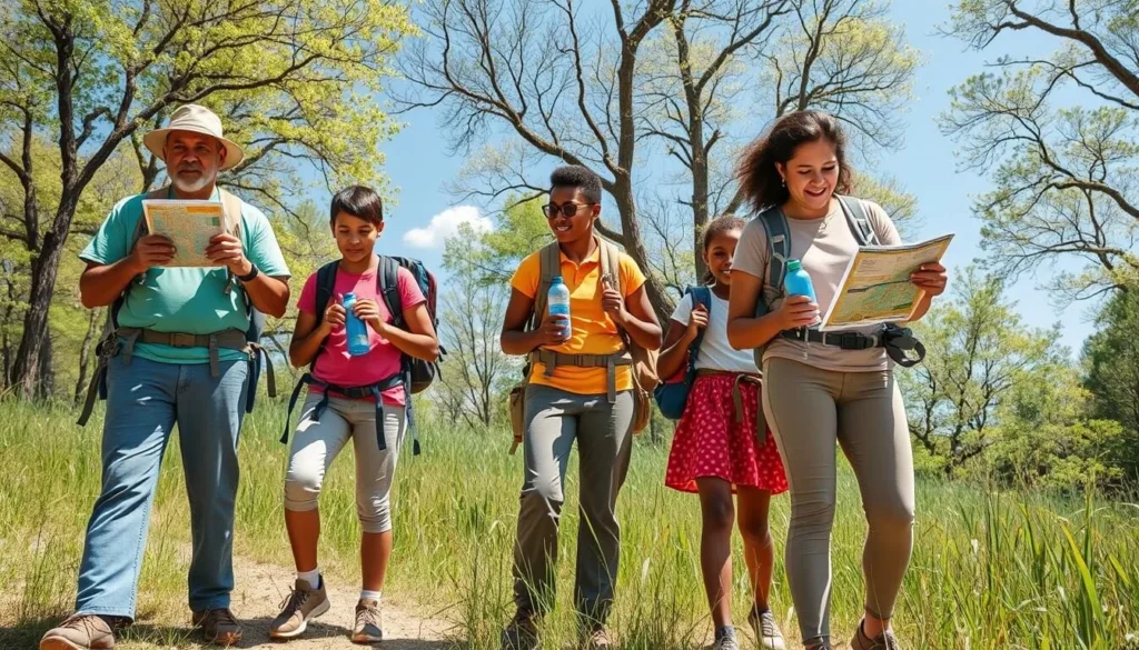Family preparing for a hike at Kankakee River State Park Illinois with proper gear Family preparing for a hike at Kankakee River State Park Illinois with proper gear