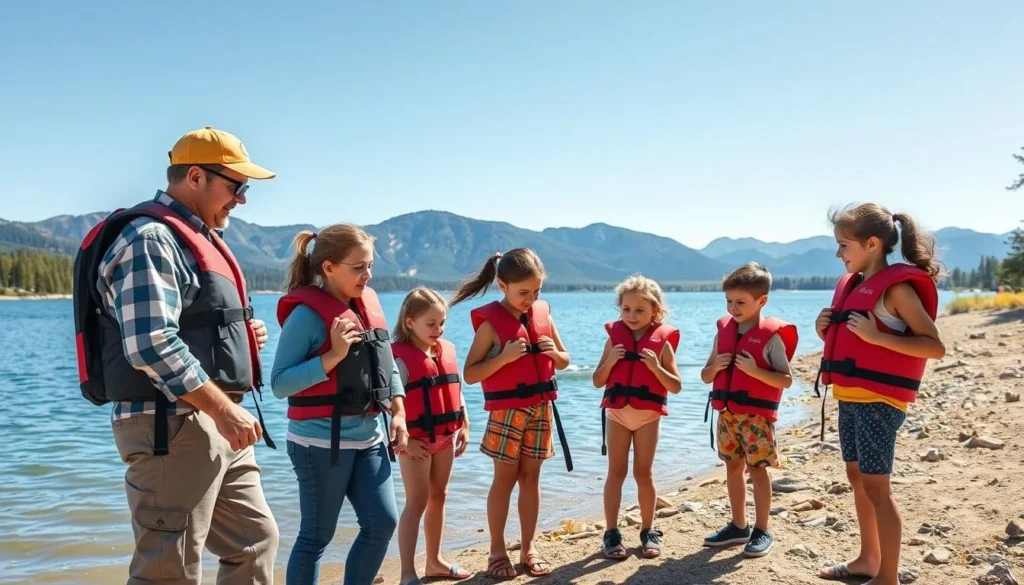 Family preparing for safe outdoor activities at Eagle Nest Lake with proper equipment Family preparing for safe outdoor activities at Eagle Nest Lake with proper equipment