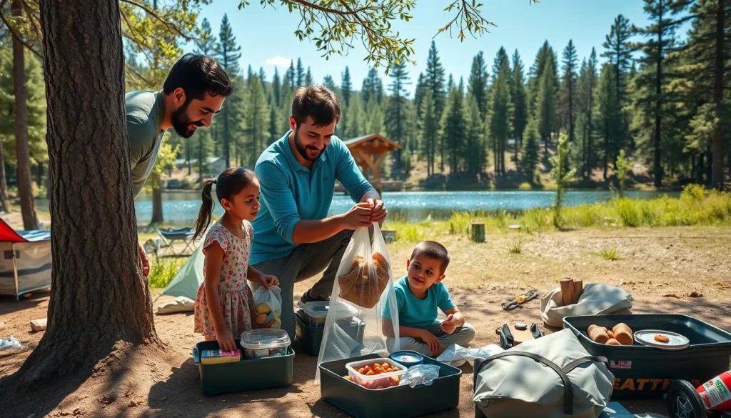 Family properly storing food at a Lake Sherwood campsite to prevent wildlife encounters Family properly storing food at a Lake Sherwood campsite to prevent wildlife encounters