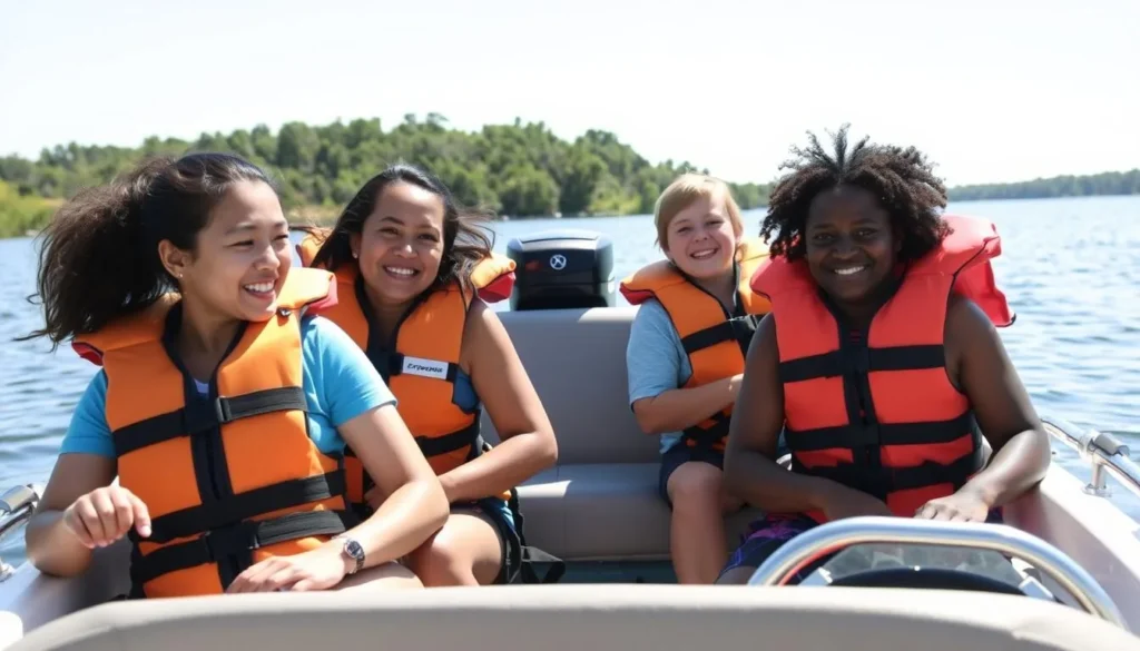 Family safely boating in Franks Tract with life jackets and proper safety equipment Family safely boating in Franks Tract with life jackets and proper safety equipment