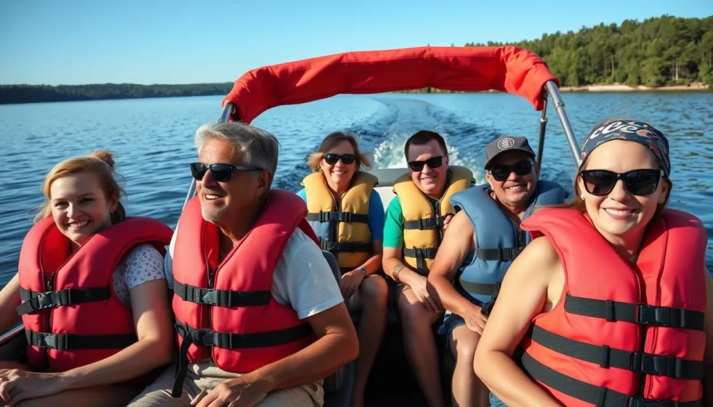 Family safely enjoying a boat ride on Caney Lake with life jackets