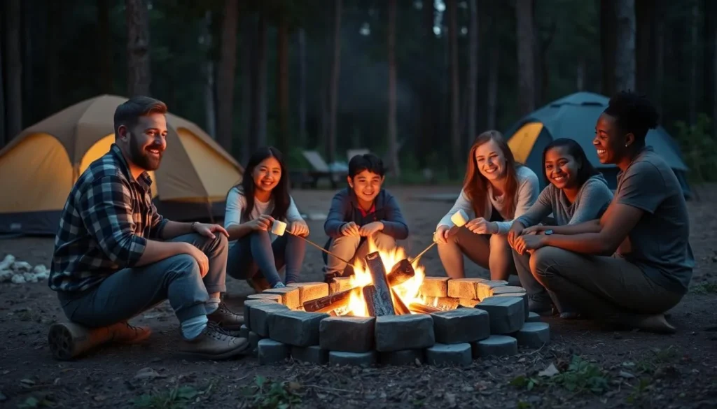 Family safely enjoying a campfire at Keystone State Park Pennsylvania