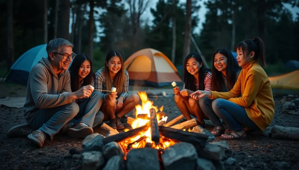 Family safely enjoying a campfire at Locust Lake State Park campground Family safely enjoying a campfire at Locust Lake State Park campground