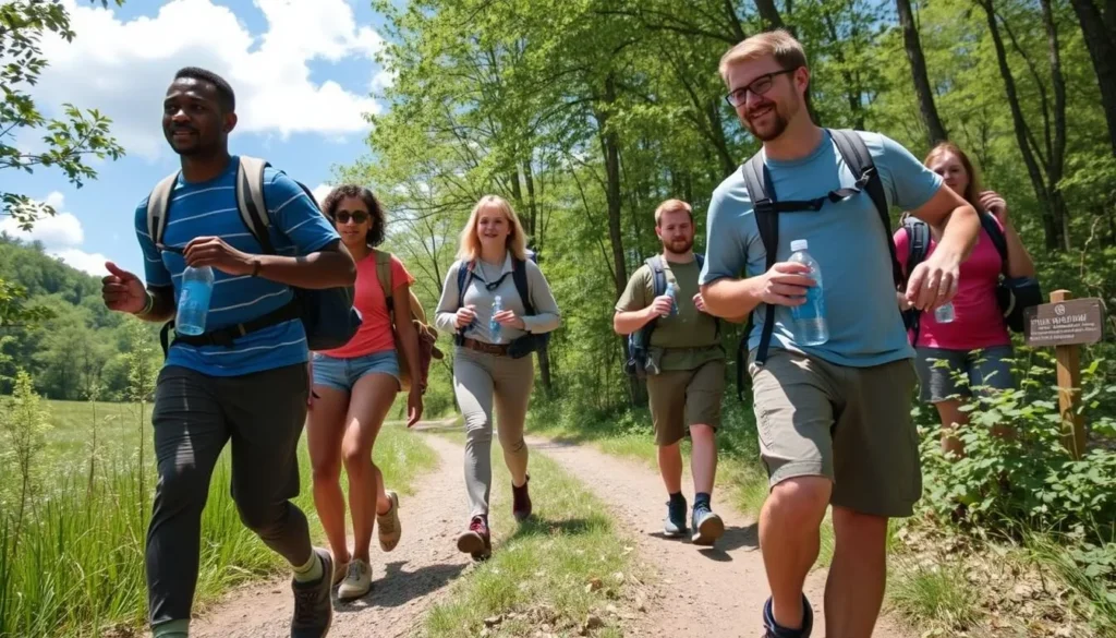 Family safely enjoying a hike with proper equipment at Lyman Run State Park Family safely enjoying a hike with proper equipment at Lyman Run State Park