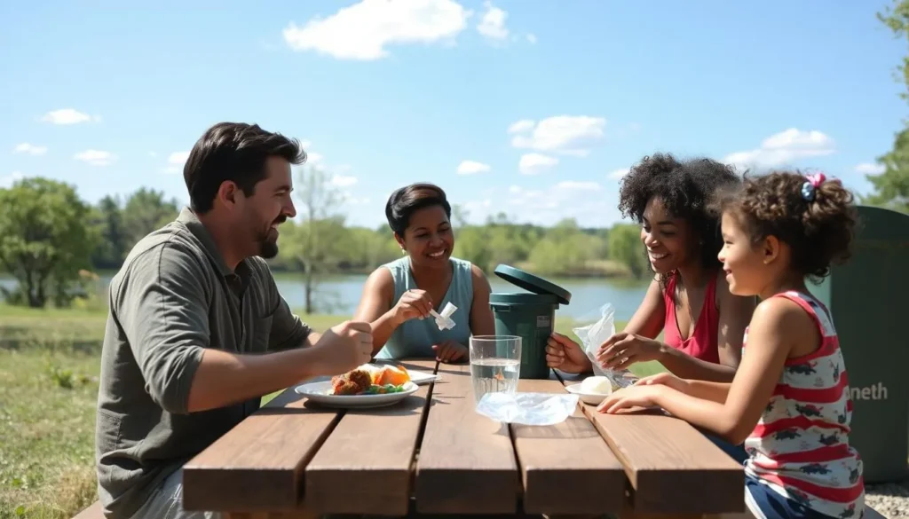 Family safely enjoying a picnic at Illini State Park with proper waste disposal Family safely enjoying a picnic at Illini State Park with proper waste disposal