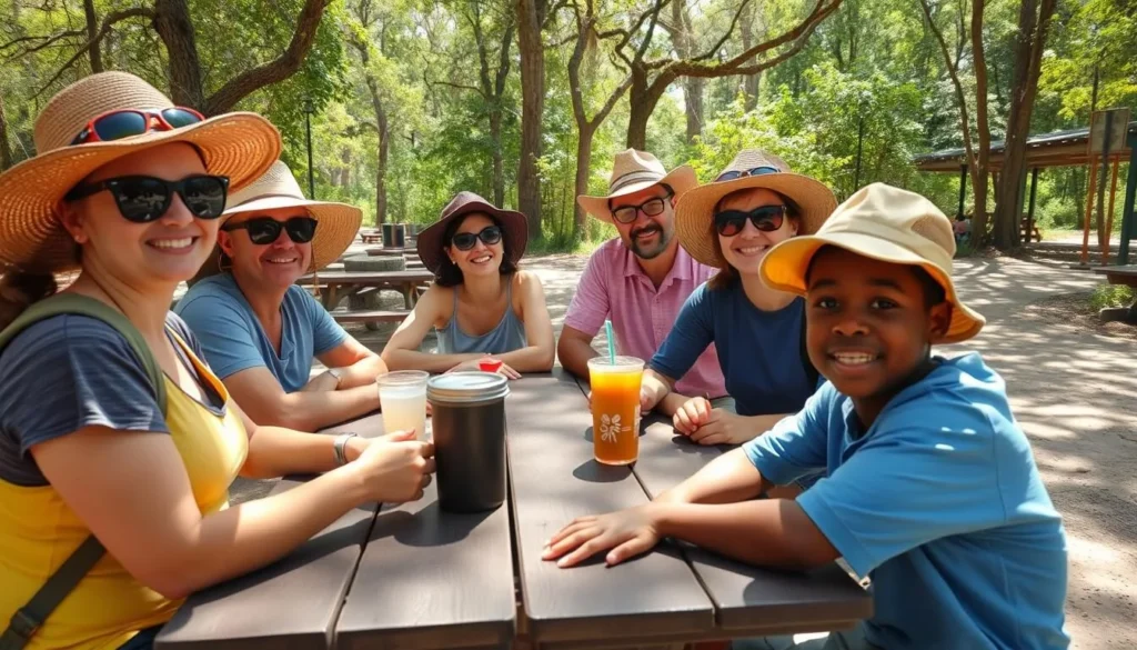 Family safely enjoying picnic area at Wekiwa Springs with proper gear Family safely enjoying picnic area at Wekiwa Springs with proper gear