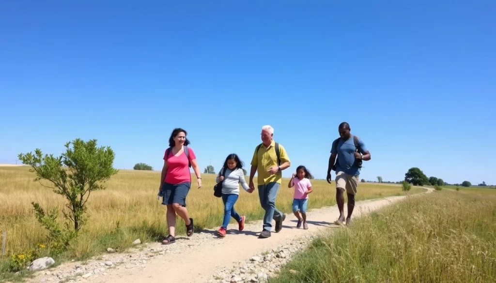 Family safely hiking on marked trail at James Pate Philip State Park with diverse visitors Family safely hiking on marked trail at James Pate Philip State Park with diverse visitors