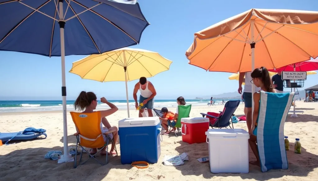 Family setting up beach day at San Clemente State Beach with umbrellas and gear Family setting up beach day at San Clemente State Beach with umbrellas and gear