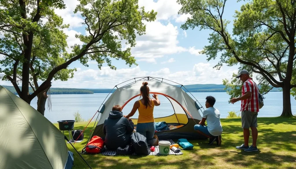 Family setting up camp at Pickerel Point Campground with lake views Family setting up camp at Pickerel Point Campground with lake views