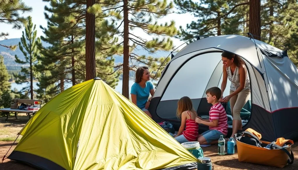 Family unpacking camping gear at Fool Hollow Lake campsite