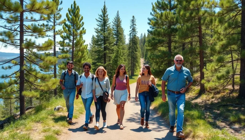 Family walking on a trail around Fool Hollow Lake with pine trees and lake views