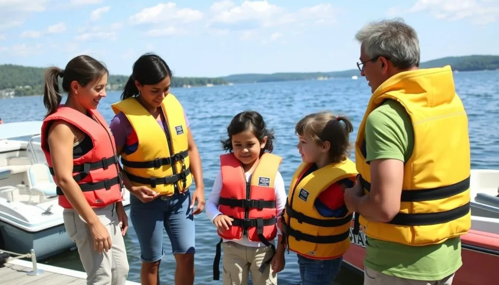 Family with life jackets preparing to board a rental boat at Lake Nockamixon marina Family with life jackets preparing to board a rental boat at Lake Nockamixon marina